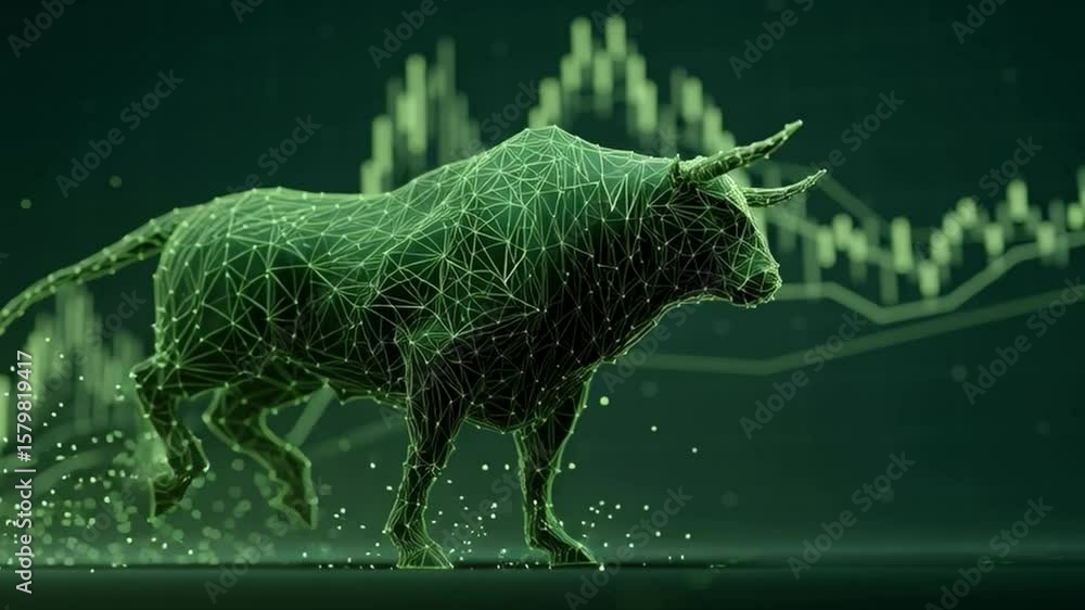Poster a digital wireframe bull charges forward with rising stock market graph lines in the background.