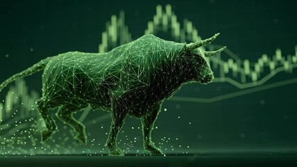 A digital wireframe bull charges forward with rising stock market graph lines in the background. - Powered by Adobe