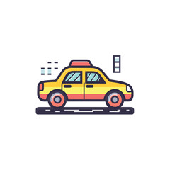 Illustrated Yellow and Red Taxi Cab with Siren on Gray Roadway
