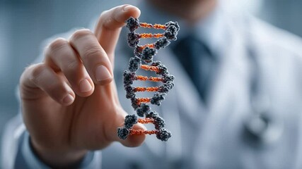 A doctor in a lab coat holds a detailed DNA double helix model, symbolizing genetic science and biotechnology research. - Powered by Adobe