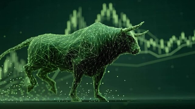 A digital wireframe bull charges forward with rising stock market graph lines in the background.