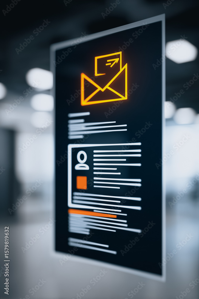 Poster email on screen: futuristic rendering of an email notification on a glowing screen. the image featur
