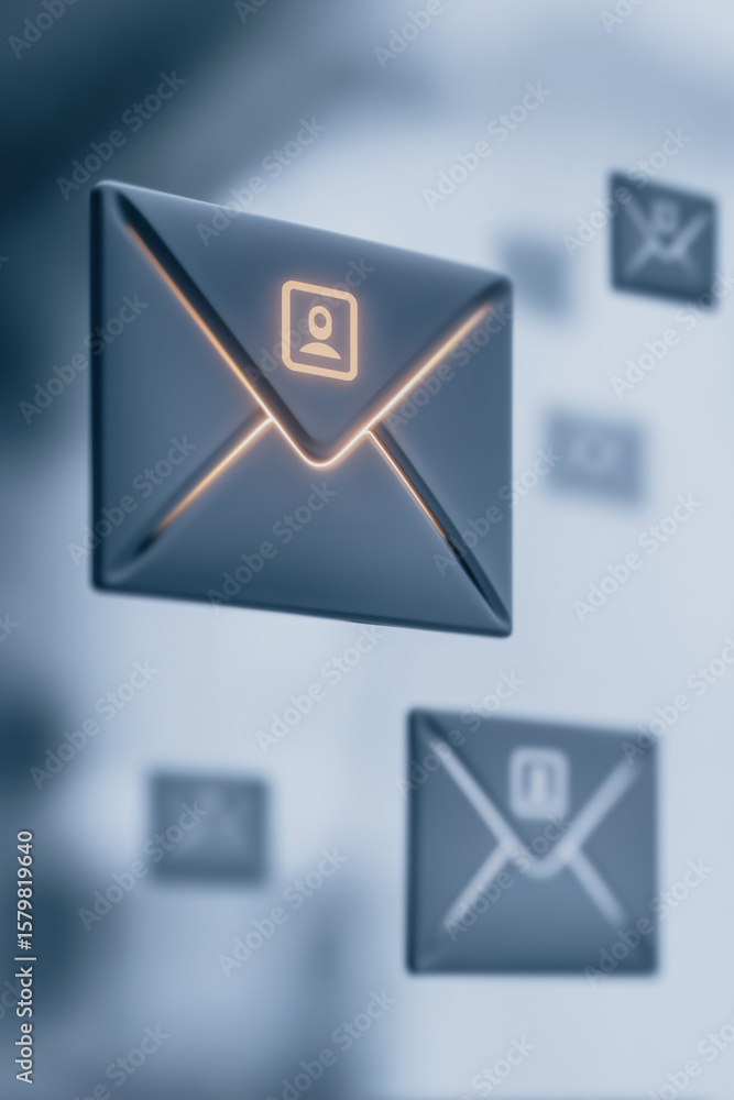 Poster digital message: a glowing digital envelope icon floats in a hazy digital space, representing commun