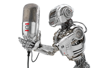 Robot holding a microphone, AI technology concept.