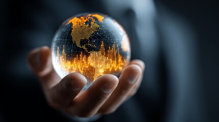 Hand holding glowing digital globe with financial data overlay and stock market graph