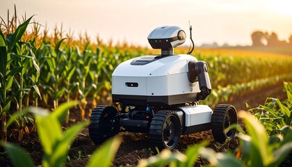 Autonomous robot in cornfield at sunset