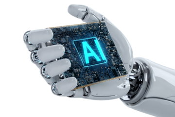 Robotic hand holding AI microchip