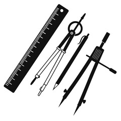 Drafting tools ruler compasses and pencil silhouettes drawing