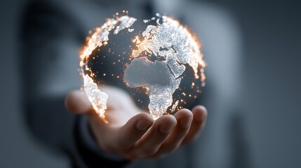 Close up of a person holding a glowing digital globe made of particles and light