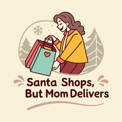Holiday Shopping Illustration Mother with Shopping Bags in Winter Scene