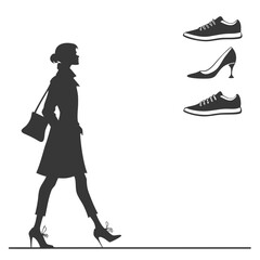 Elegant woman walking with shoe options silhouette high heel