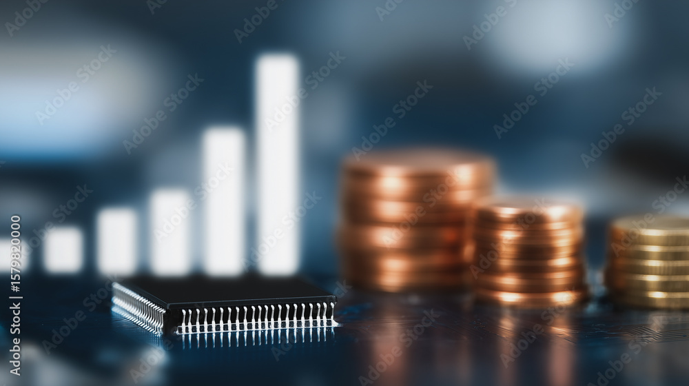 Poster digital finance: the image depicts a stylized composition of the future of finance, showcasing a mic