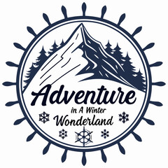 Adventure in a Winter Wonderland Logo with Mountain and Snowflakes Design