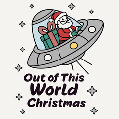 Santa Claus in a UFO with a Christmas Gift Illustration