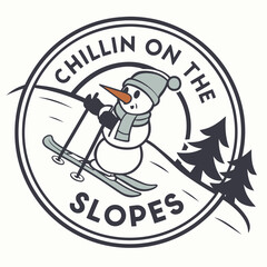 Cartoon Snowman Skiing Downhill Winter Sport Activity Badge or Logo Design