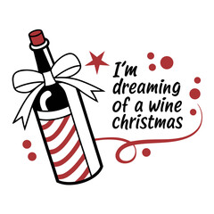 Festive Wine Christmas Illustration with Bottle Ribbon Star and Holiday Greeting