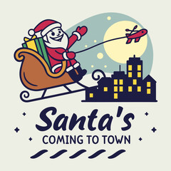 Santa Claus Flying Over City with Airplane Reindeer and Sleigh