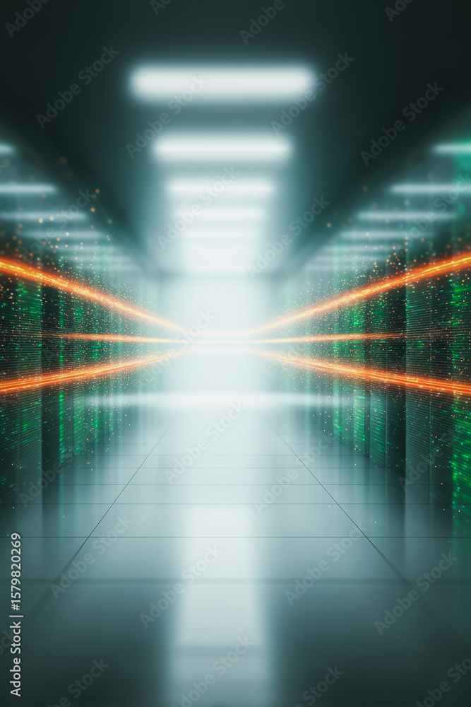 Poster data center corridor: an image presenting a futuristic data center corridor with rows of glowing ser