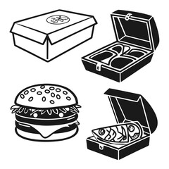 Food containers and hamburger icons pizza box fish box