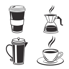 Four black coffee beverage icons on white background coffee cup takeaway cup