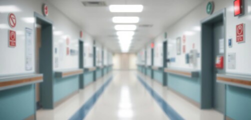 Fototapeta premium Abstract blurred hospital hallway, soft focus medical background, clinic, defocused