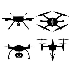 Four black drone and quadcopter silhouettes with cameras aerial vehicle unmanned aerial vehicle