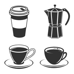 Four coffee icons including takeaway cup and moka pot espresso