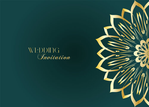 Elegant Gold Mandala Wedding Invitation Template on Dark Green Background
