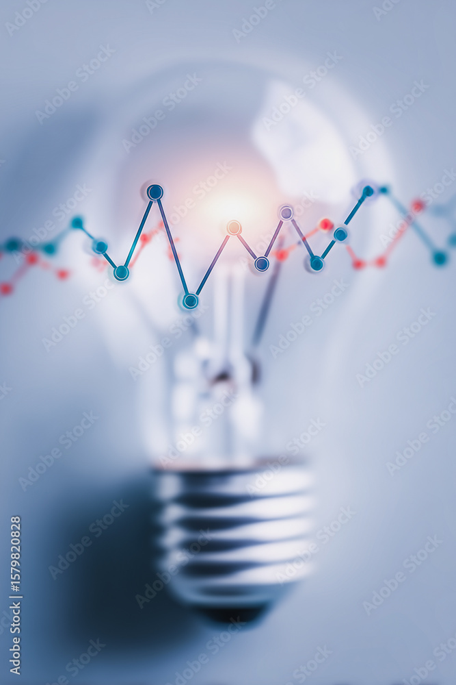 Poster idea illuminated: a vibrant visual merging a glowing lightbulb with dynamic financial data, represen