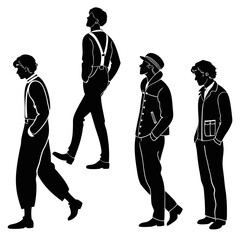 Four men in silhouette wearing vintage clothing fashion