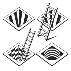 Four isometric optical illusion shapes with ladders black and white