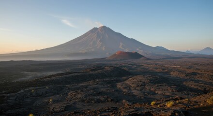 Fototapeta premium Volcanic landscape with active volcano and lava field at sunrise