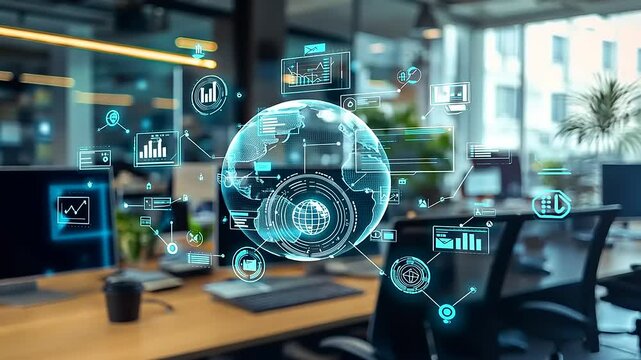 Futuristic office workspace with digital globe and data analytics, showcasing technology in action - Powered by Adobe
