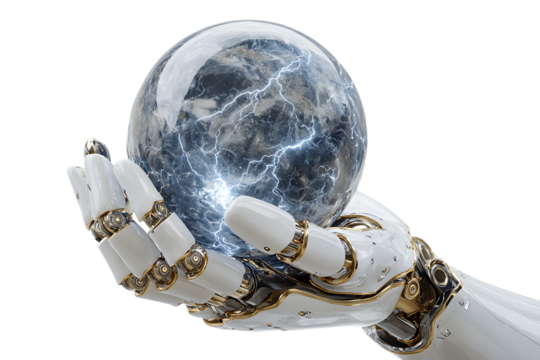 Robotic hand holding a globe with lightning.