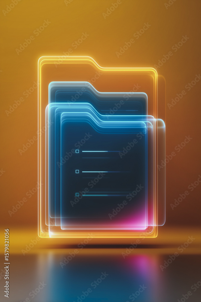 Poster digital folder: a modern rendering of a digital folder, its translucent structure illuminated with v