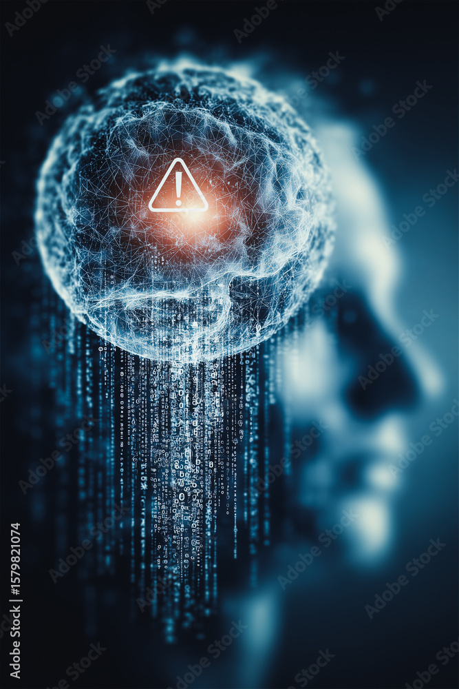 Poster brain alert: a close-up perspective reveals the complex network of the brain, highlighted with an al