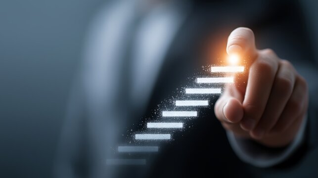 Businessman s finger touching glowing digital stairs representing career growth and success
