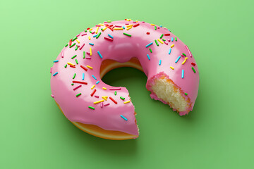 A vibrant pink frosted donut with colorful sprinkles, partially bitten, set against a green background