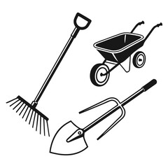 Garden tools rake shovel wheelbarrow pitchfork landscaping tools