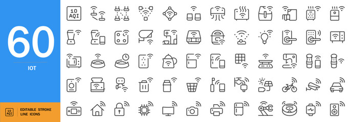IOT icon set. Minimal line art vector pack. Smart home, wireless, mobile, AI data symbols. Black and white tech icons. Editable vector graphics.