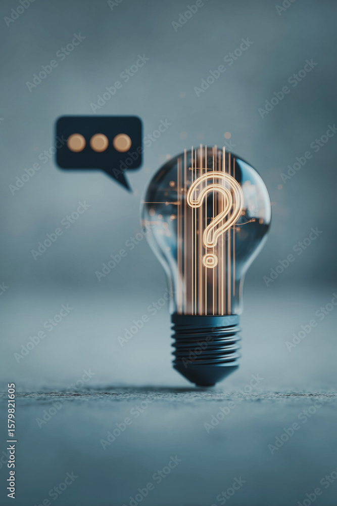Poster illuminating the enigma: a light bulb glows with a luminous question mark at its core, with a speech
