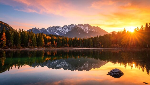 Autumn sunrise over mountain lake