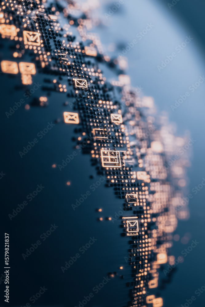 Poster cybernetic tapestry: the abstract representation of a digital circuit board is illuminated in a clos