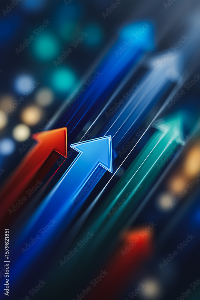Poster navigating to growth: an abstract depiction of colorful arrows pointing upwards against a blurred ba