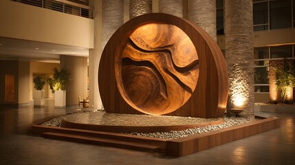 A circular wooden display over soft ripples with ambient warm lighting