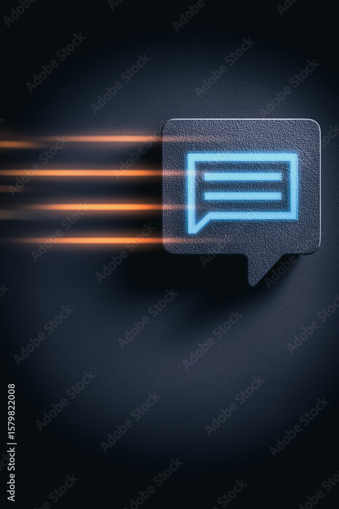 Poster communication icon: a visually appealing 3d render of a sleek speech bubble icon with a luminous, di
