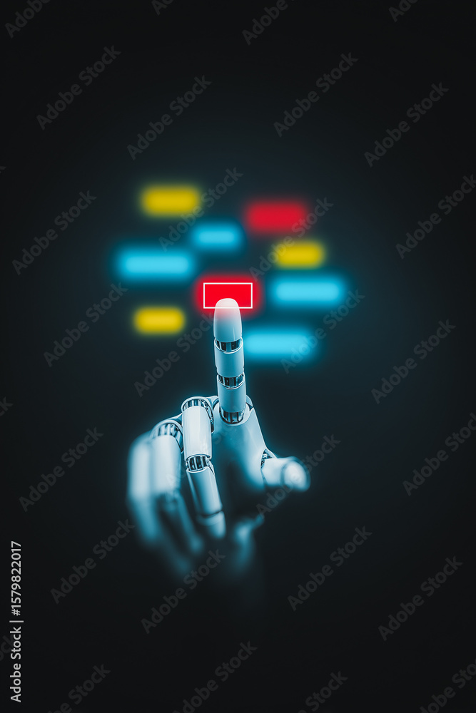 Poster digital precision: a robotic hand with unwavering accuracy presses a glowing button, embodying the s