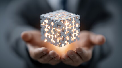 Businessman holding a glowing cube made of puzzle pieces in his hands
