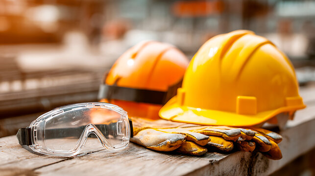 Construction safety gear including hard hats safety goggles and work gloves are placed on a wooden surface at a job site