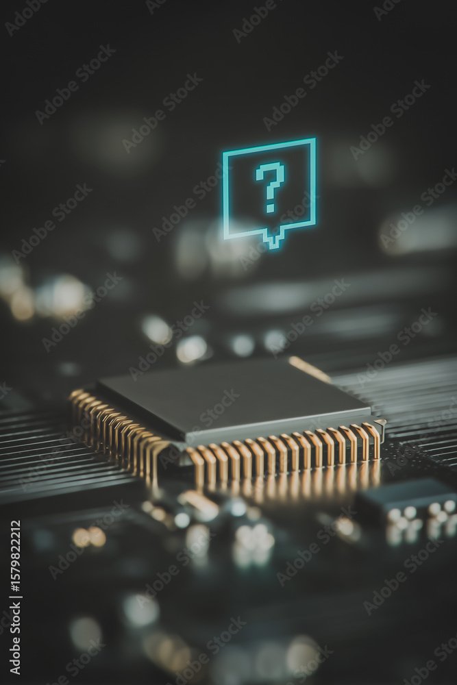 Poster microchip puzzle: a high-tech image of a microchip with a question mark, highlighting the complexiti